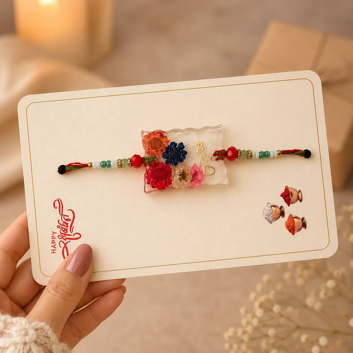 Decorative hair tie with flowers on a card held by a hand, with a blurred background.