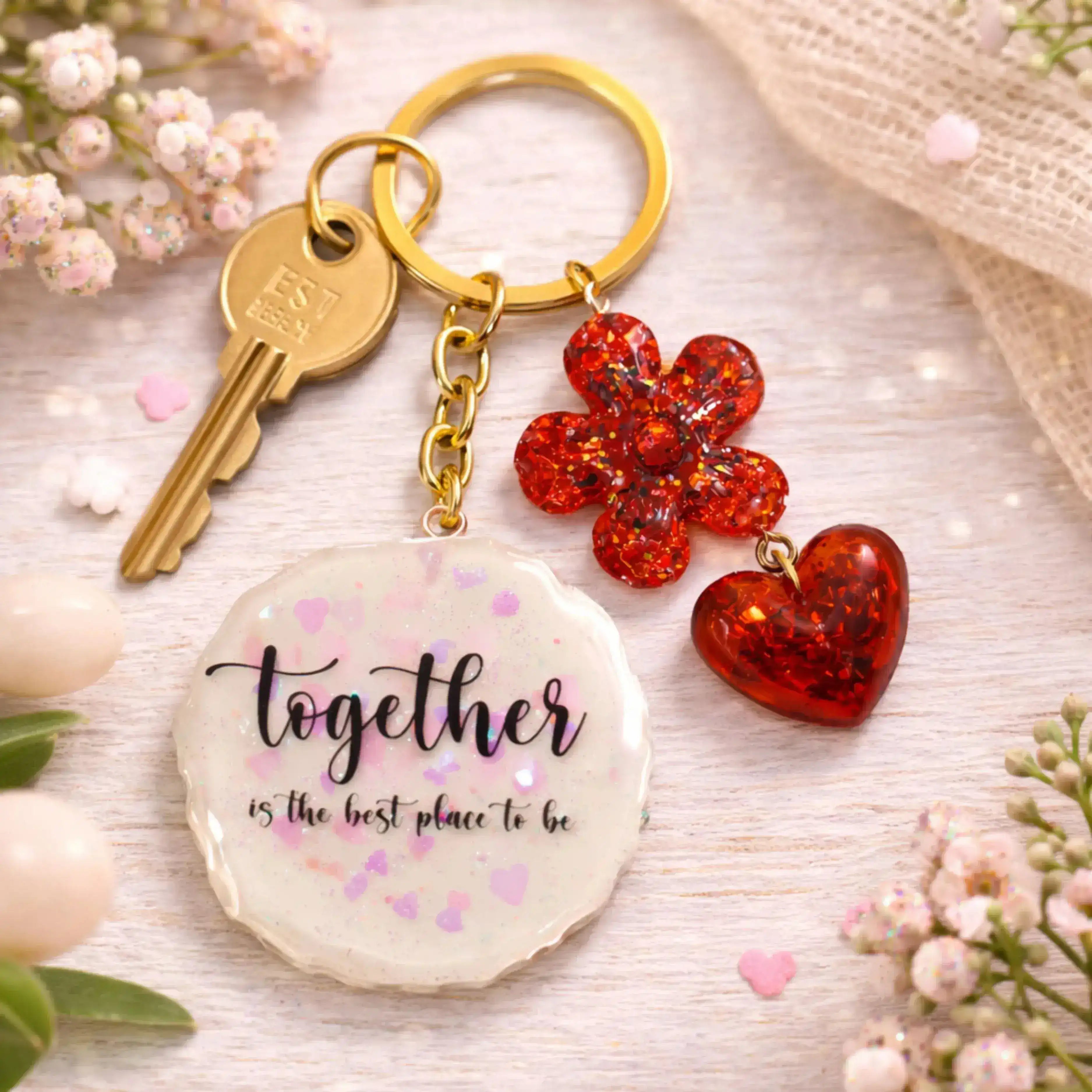 Keychain with floral charm and motivational quote on a light wooden surface with flowers.