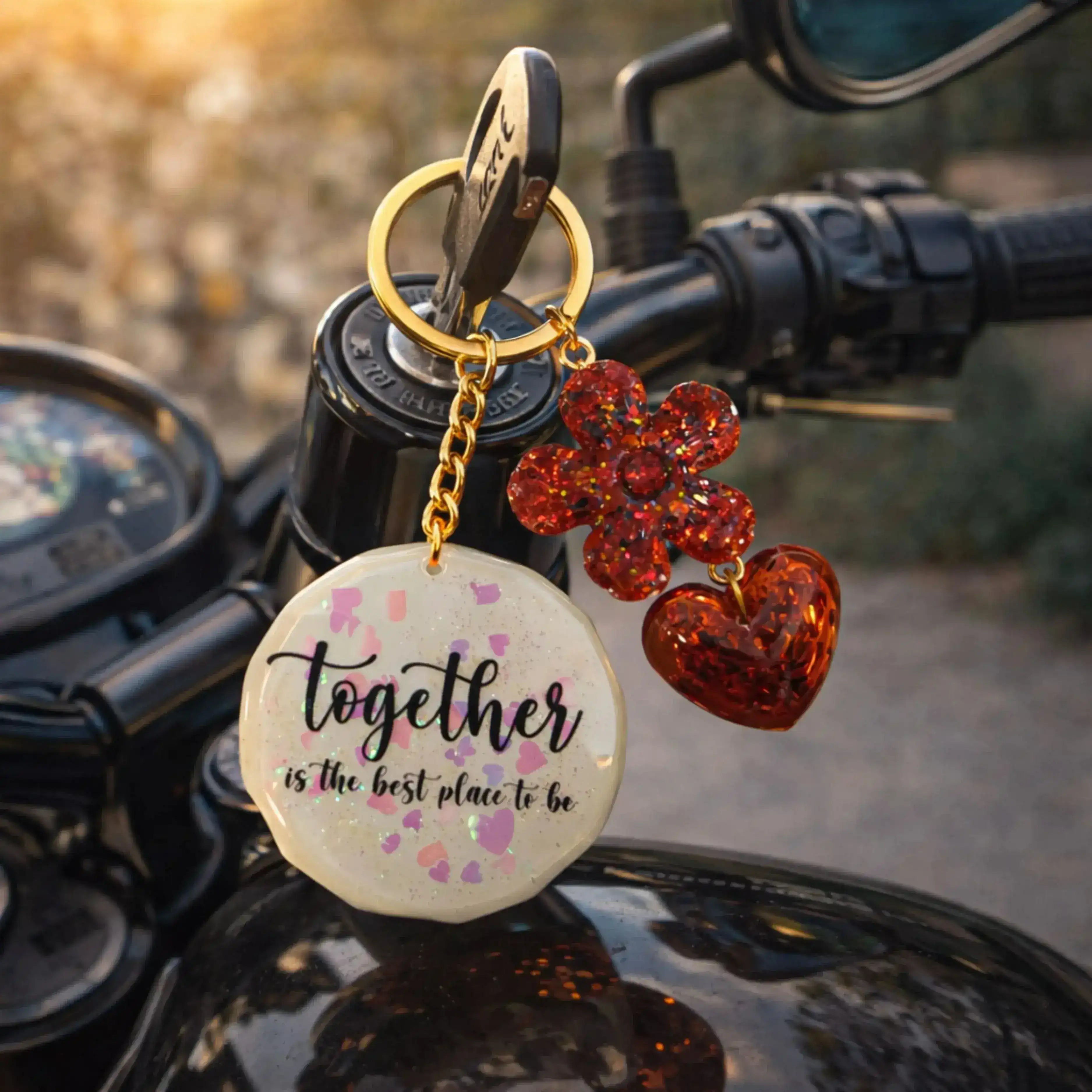 Keychain with decorative elements on a motorcycle handlebar