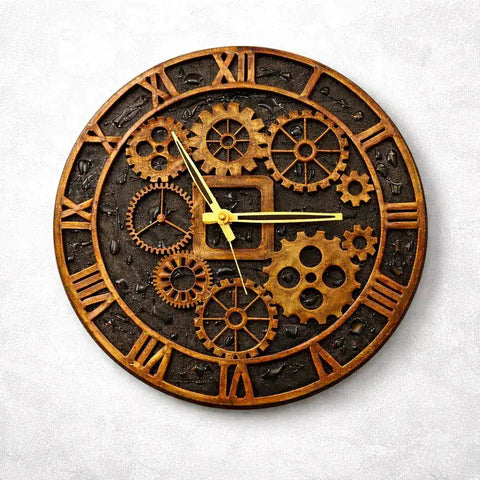 Decorative wall clock with gear design on a white background