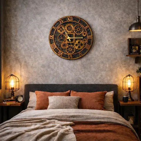 Decorative wall clock with gear design above a bed in a bedroom setting.