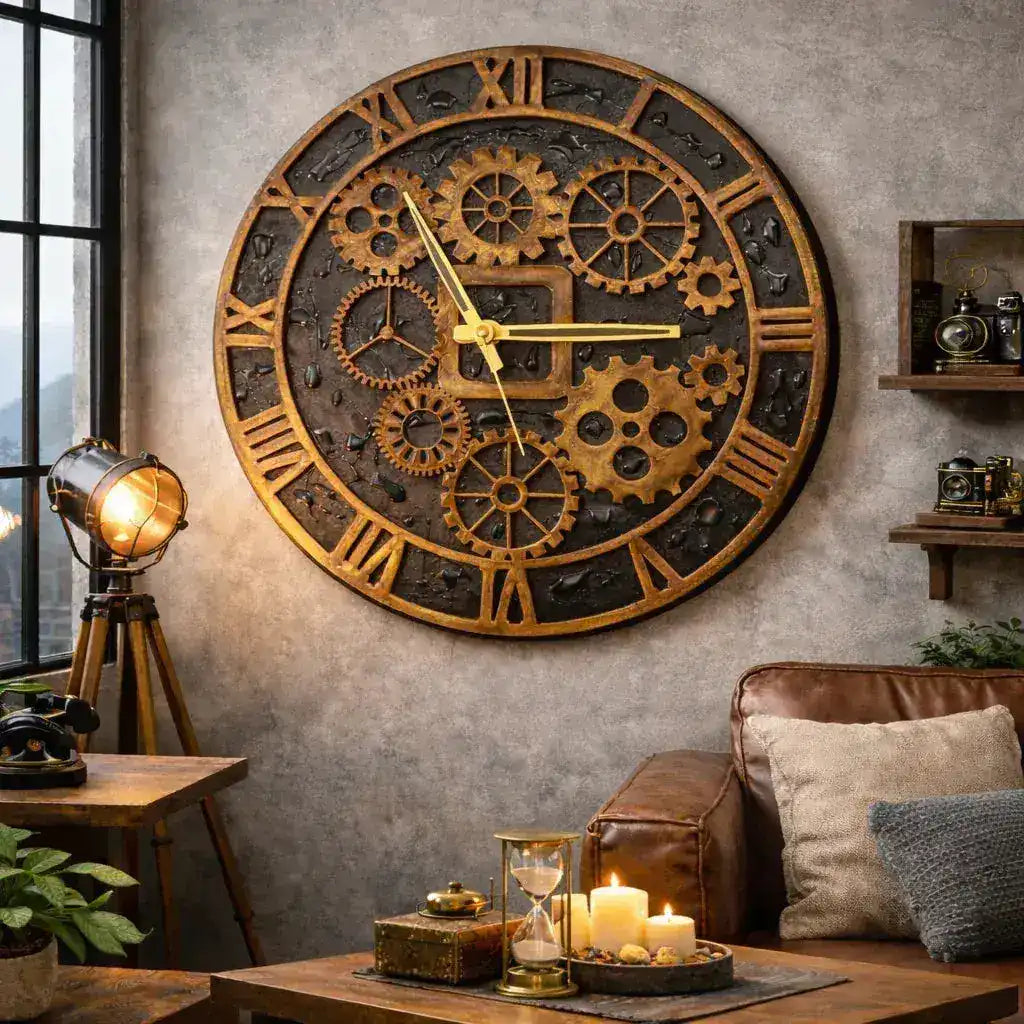 Large wall clock with gear design in a cozy room with a couch and lamp.