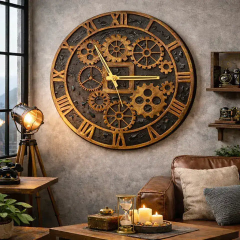Large wall clock with gear design in a cozy room with a couch and lamp.