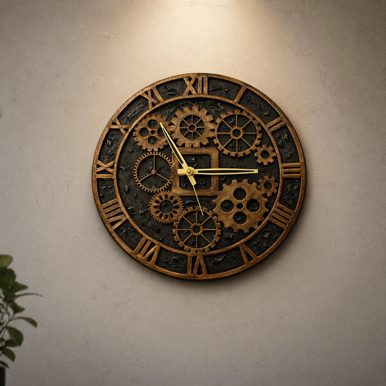 Decorative wall clock with gear design on a beige wall