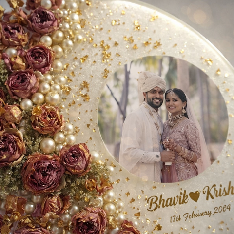 Handmade resin varmala preservation frame with couple photo, gold floral design, pearls and dried flowers wedding keepsake