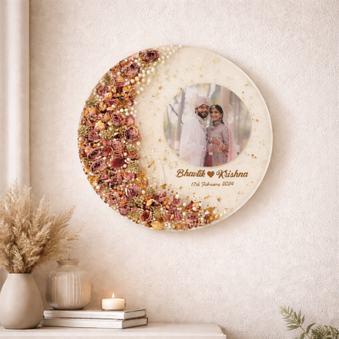 Resin varmala preservation wall decor with couple photo, round floral frame with pearls and gold flakes, custom wedding keepsake