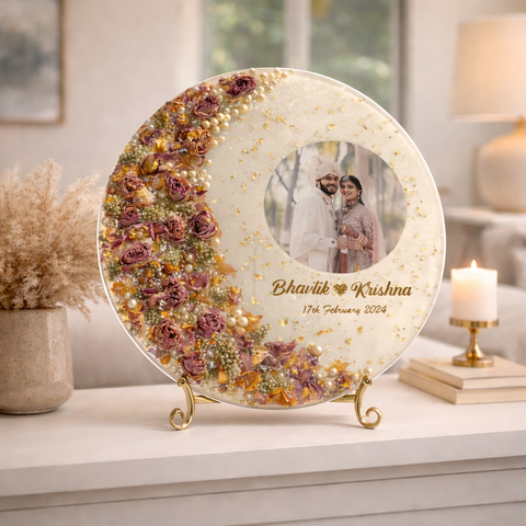 Decorative plate with floral design and personalized text on a stand