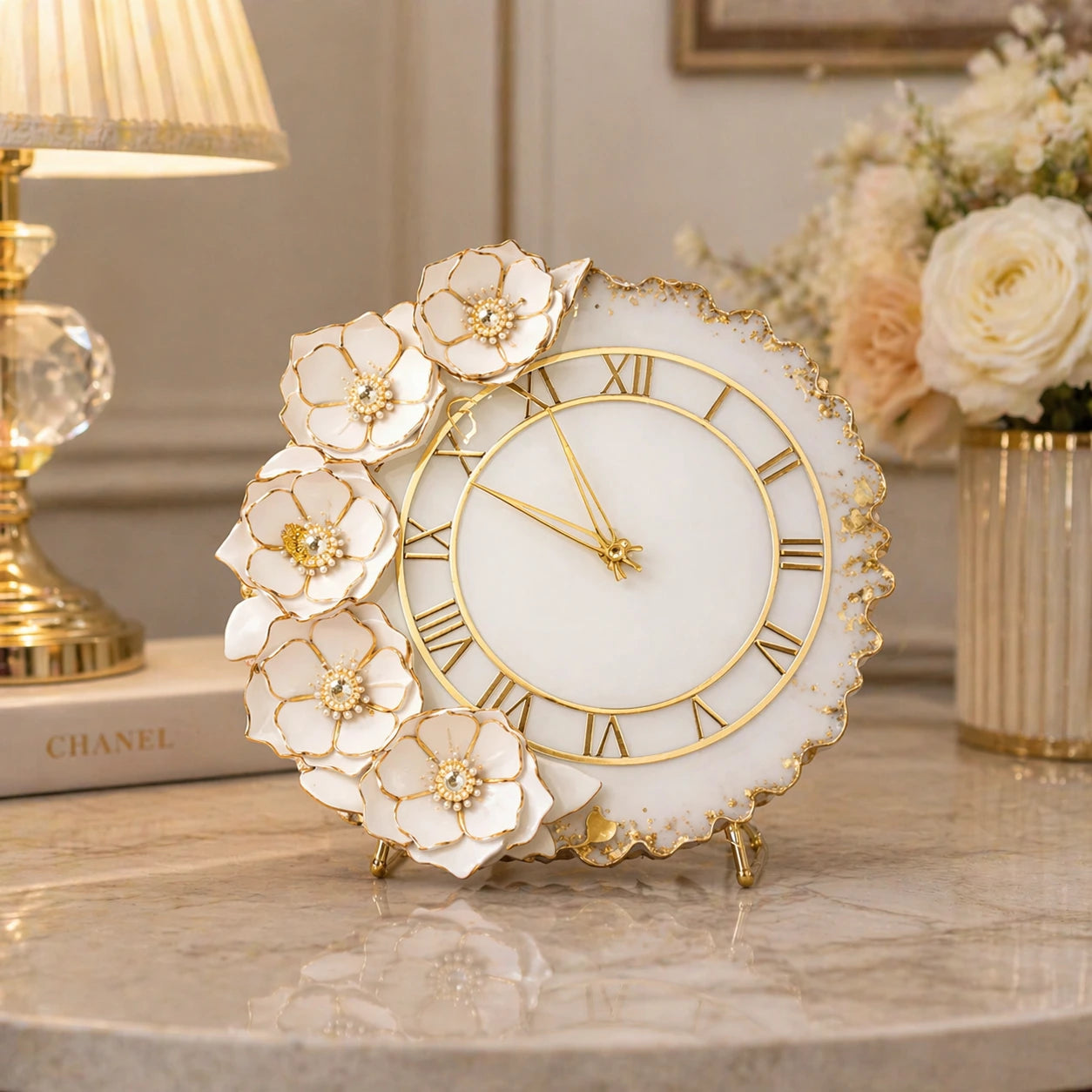 Decorative clock with floral design on a table