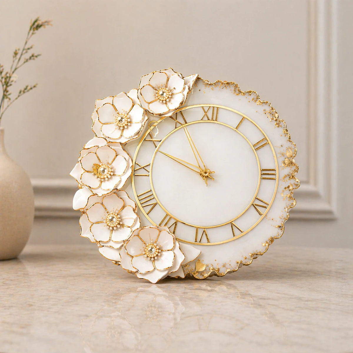 Decorative clock with floral design on a neutral background