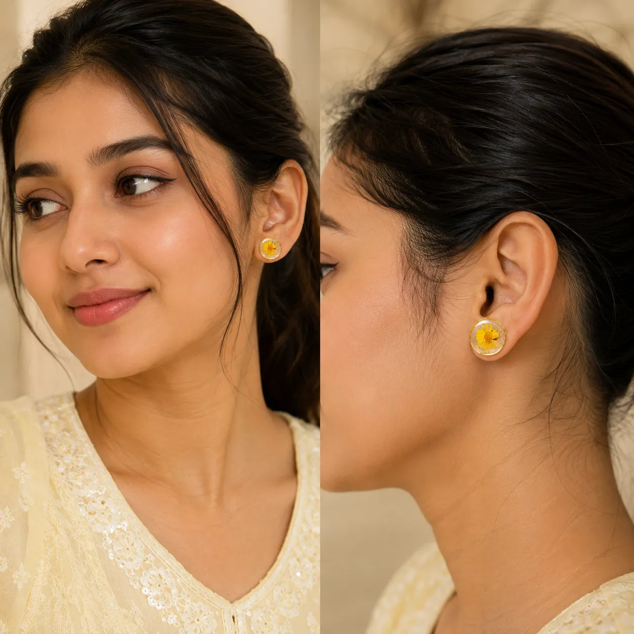 Indian woman wearing yellow daisy resin stud earrings with gold flakes in a minimal botanical handmade jewellery style