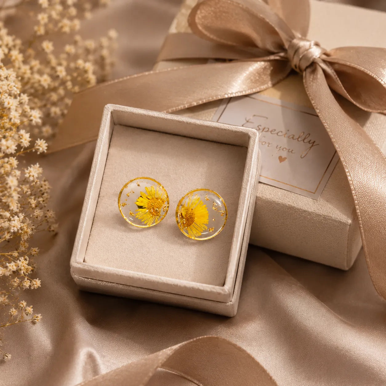 Yellow daisy resin stud earrings with gold flakes displayed in a premium gift box setup with elegant ribbon and soft luxury background