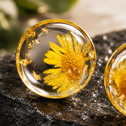 Close-up macro shot of yellow daisy resin stud earrings with gold flakes, transparent glossy finish, and handmade botanical detailing